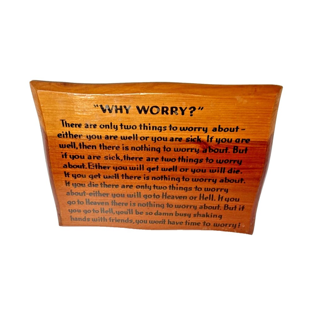 Vintage “Why Worry” Giant Redwood Wood Plaque Wall Art Knott's Berry Farms